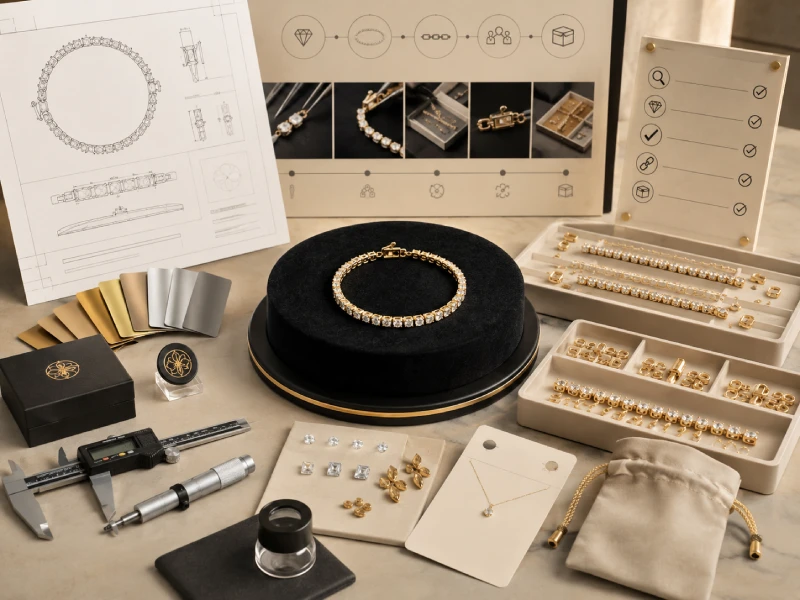 Approved jewelry sample with production specification sheet, QC checklist, packaging sample, and bulk production preparation