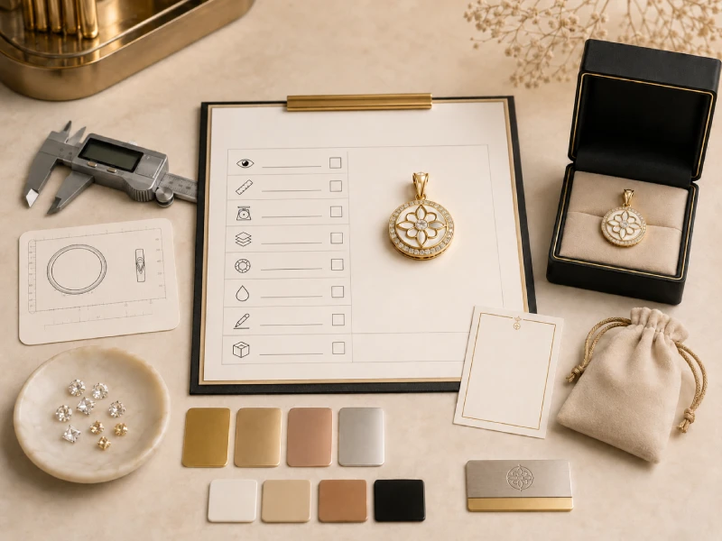 Jewelry sample approval review with caliper measurement, plating color card, stone setting inspection, logo check, and packaging sample