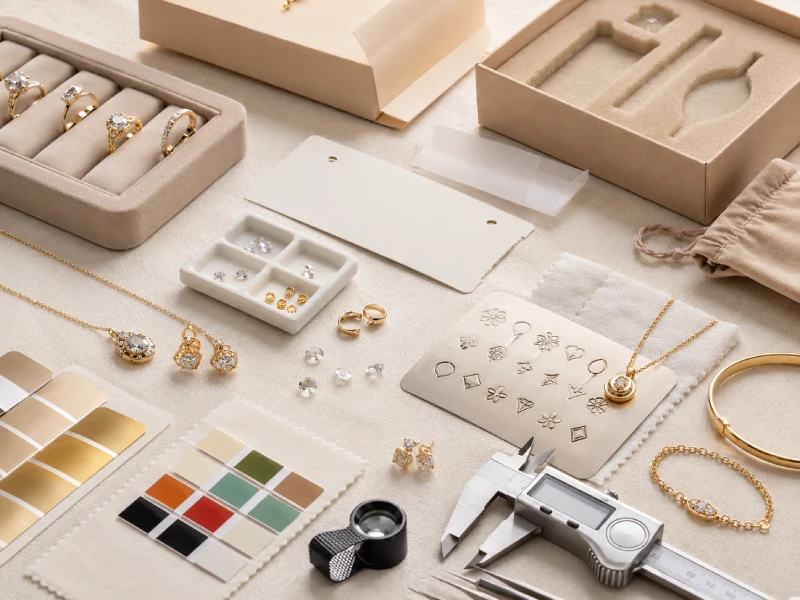 Jewelry sample quality control before shipment with measurement tools, plating swatches, stone inspection, logo check, and packaging sample