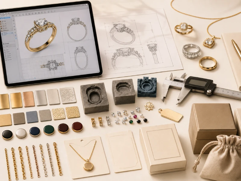 Jewelry sampling cost and time review with CAD drawing, mold assessment, plating swatches, stones, and sample measurements