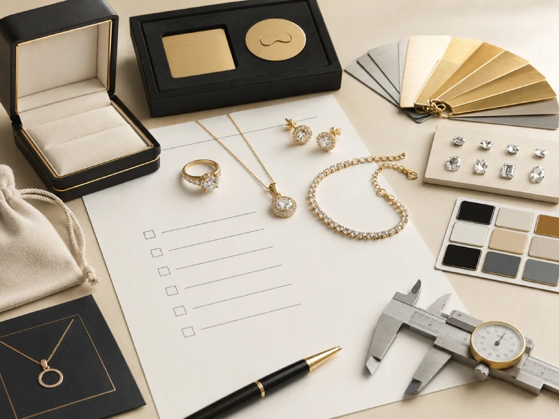 Custom jewelry sample approval guide with jewelry samples, checklist, plating swatches, stones, logo details, and packaging references