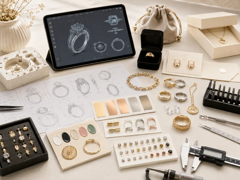 Jewelry sampling related services including CAD design, mold making, plating samples, stone setting, logo review, packaging, and quality control