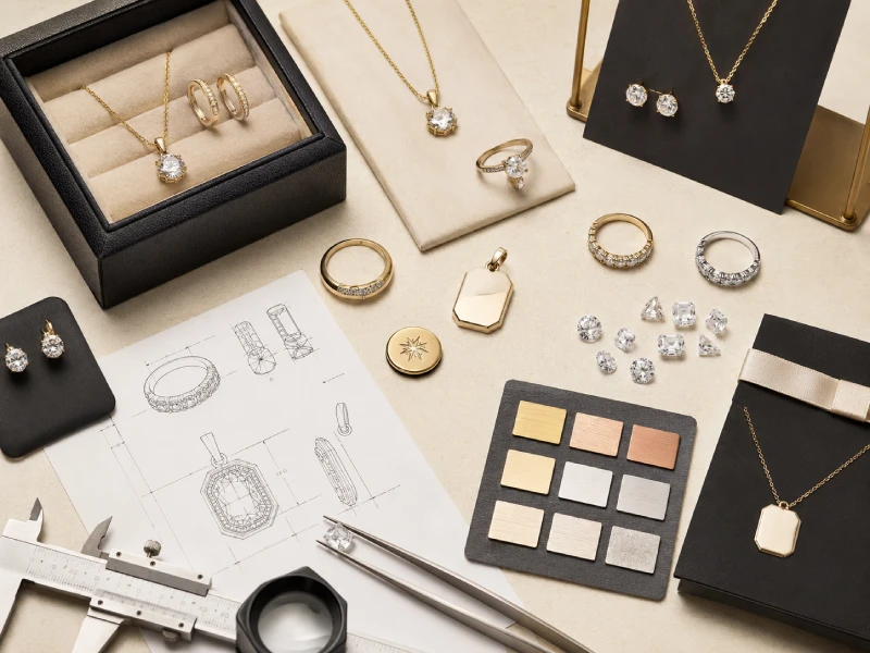 Custom jewelry sample review with CAD drawing, plating swatches, stones, logo details, and packaging sample