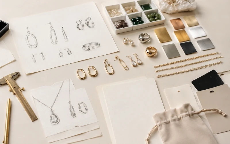 ODM jewelry sample development process with sketches samples material swatches and packaging review