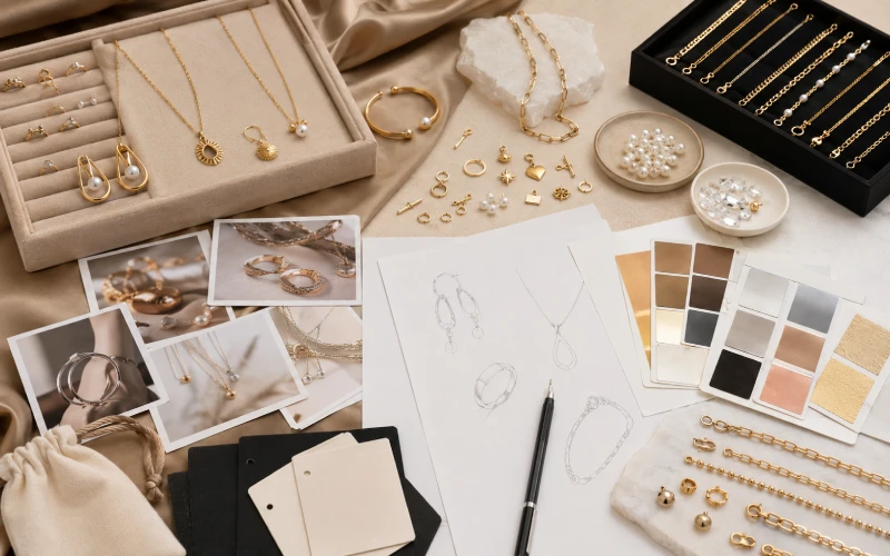 ODM jewelry style development with samples, reference photos, finish swatches, and packaging cards
