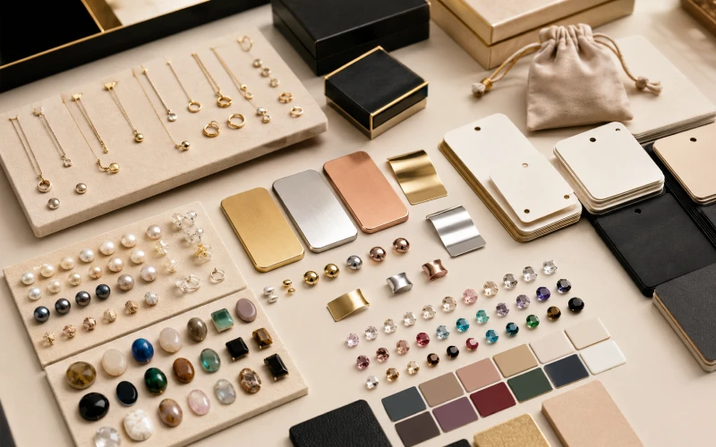 ODM jewelry material swatches stones plating samples and private label packaging planning