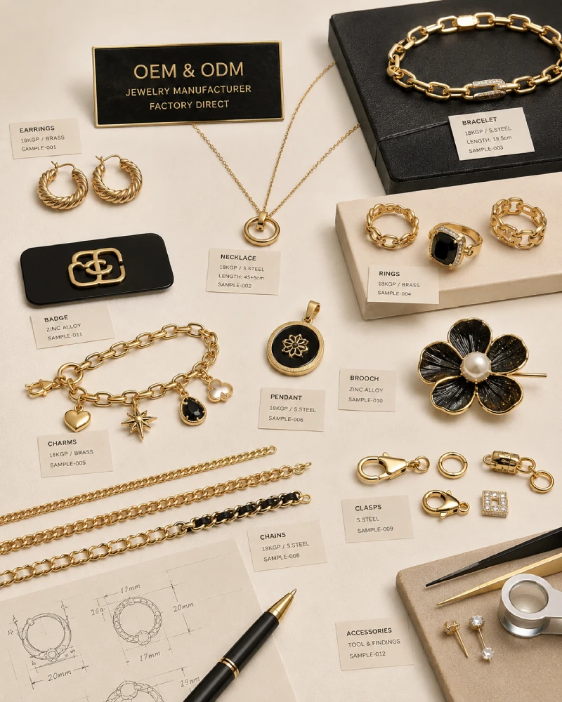 OEM jewelry categories including earrings, rings, necklaces, bracelets, charms, and accessories