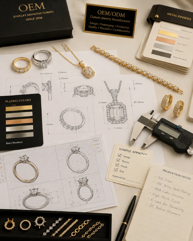 OEM jewelry samples with drawings, calipers, material swatches, and production notes