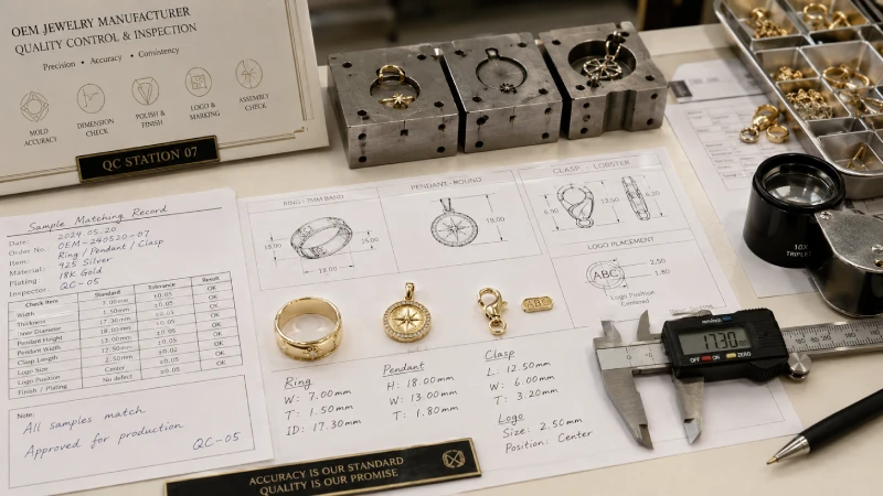 OEM jewelry mold accuracy check with calipers, sample jewelry, and technical notes