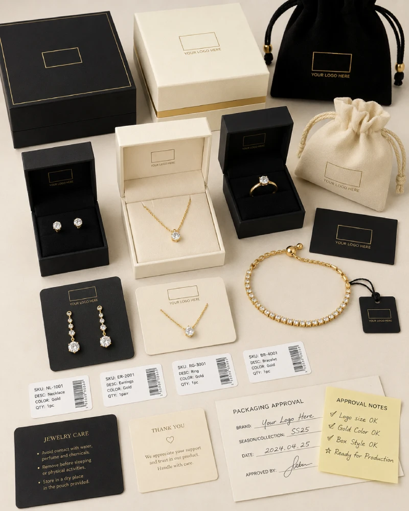 OEM jewelry private label packaging with logo cards, pouches, boxes, and jewelry samples