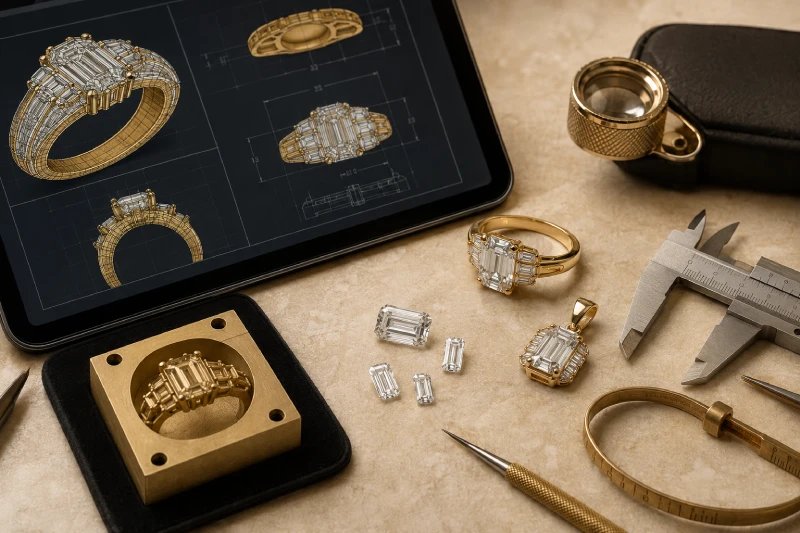 Production-ready jewelry CAD design review with 3D model, sample jewelry, stones, and measuring tools