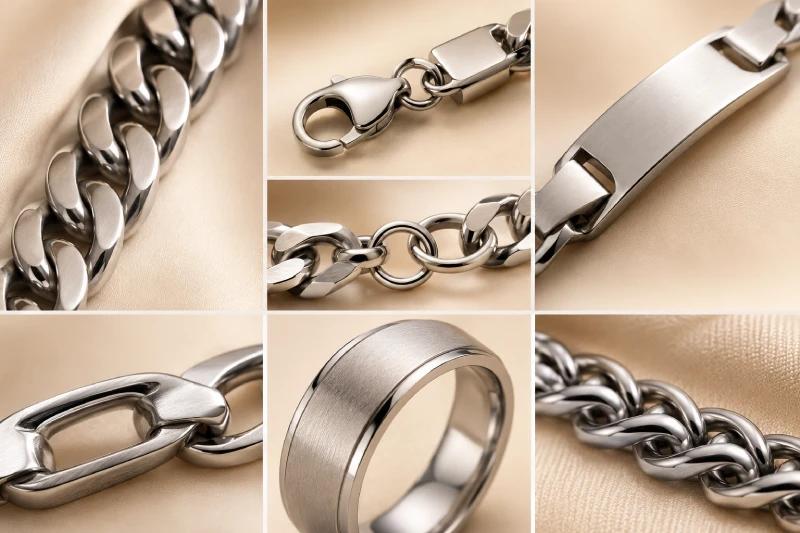 Close-up details of stainless steel jewelry chains clasps surface finish and engraving