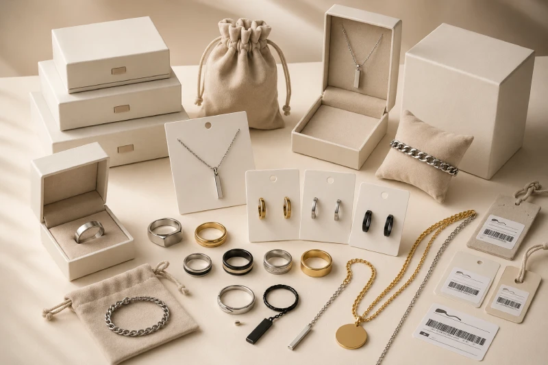 Private label packaging for stainless steel jewelry with cards pouches boxes and logo labels
