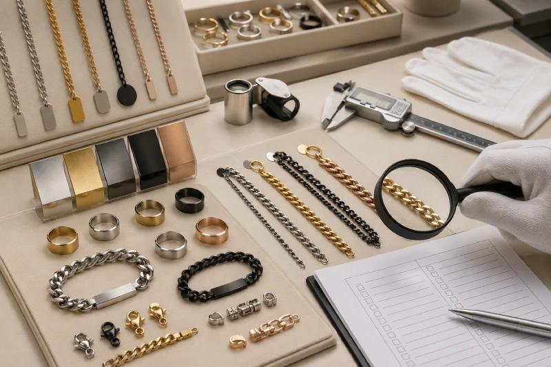 Stainless steel jewelry quality control inspection for plating surface clasp chain and packaging