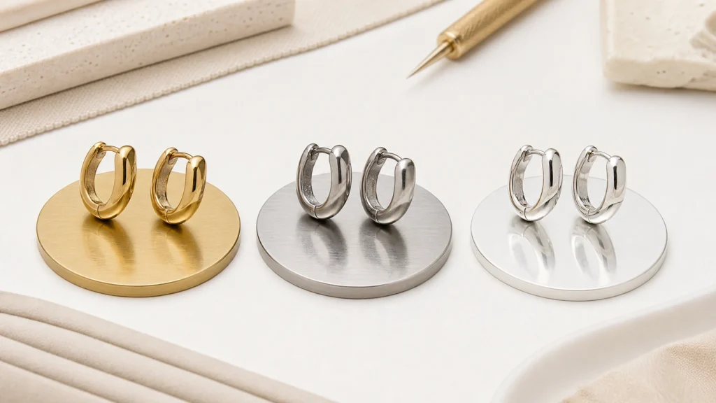 Brass, stainless steel, and 925 silver earring samples compared on a jewelry development worktable