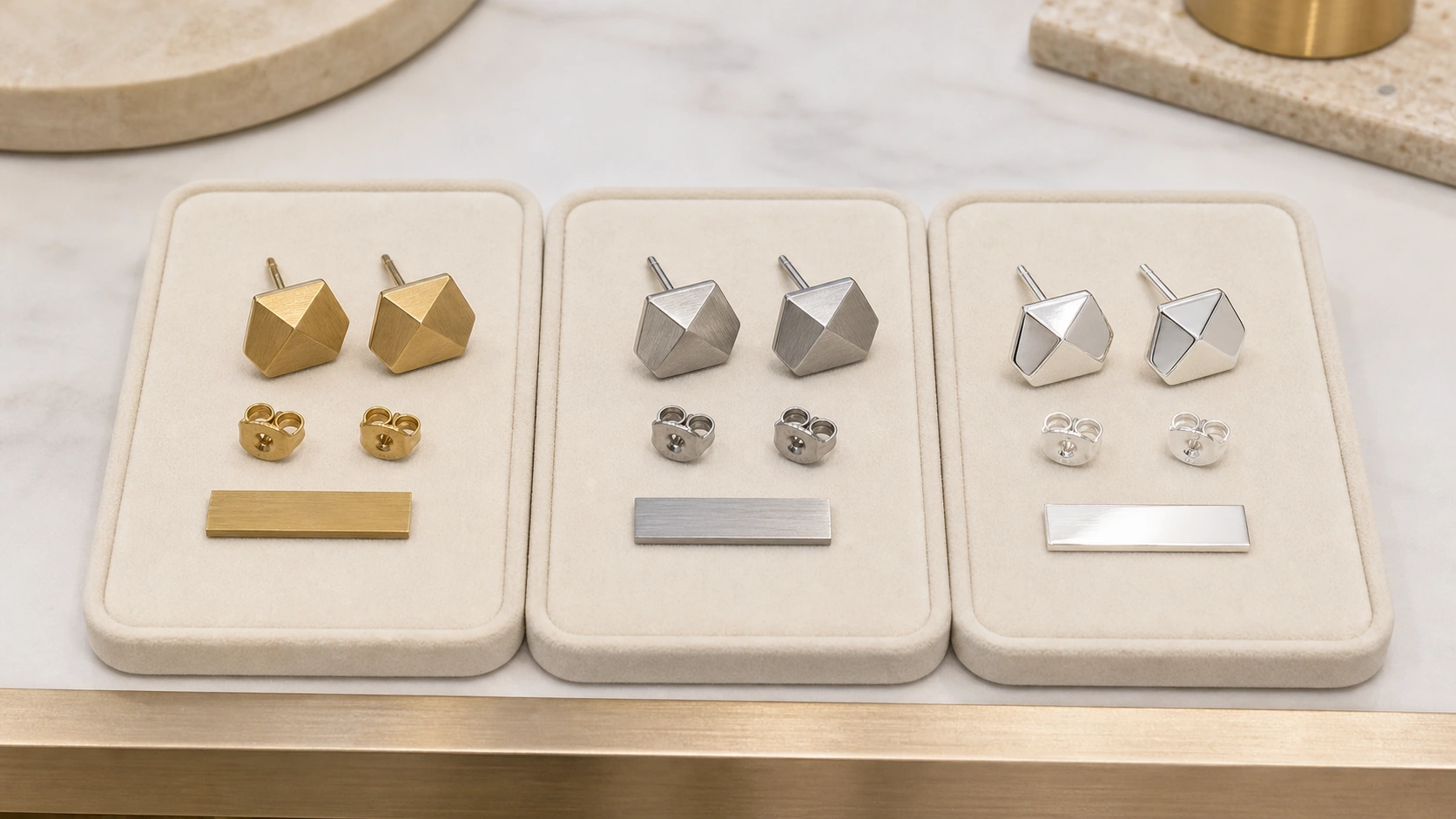 Brass, stainless steel, and 925 sterling silver custom earring sample pairs