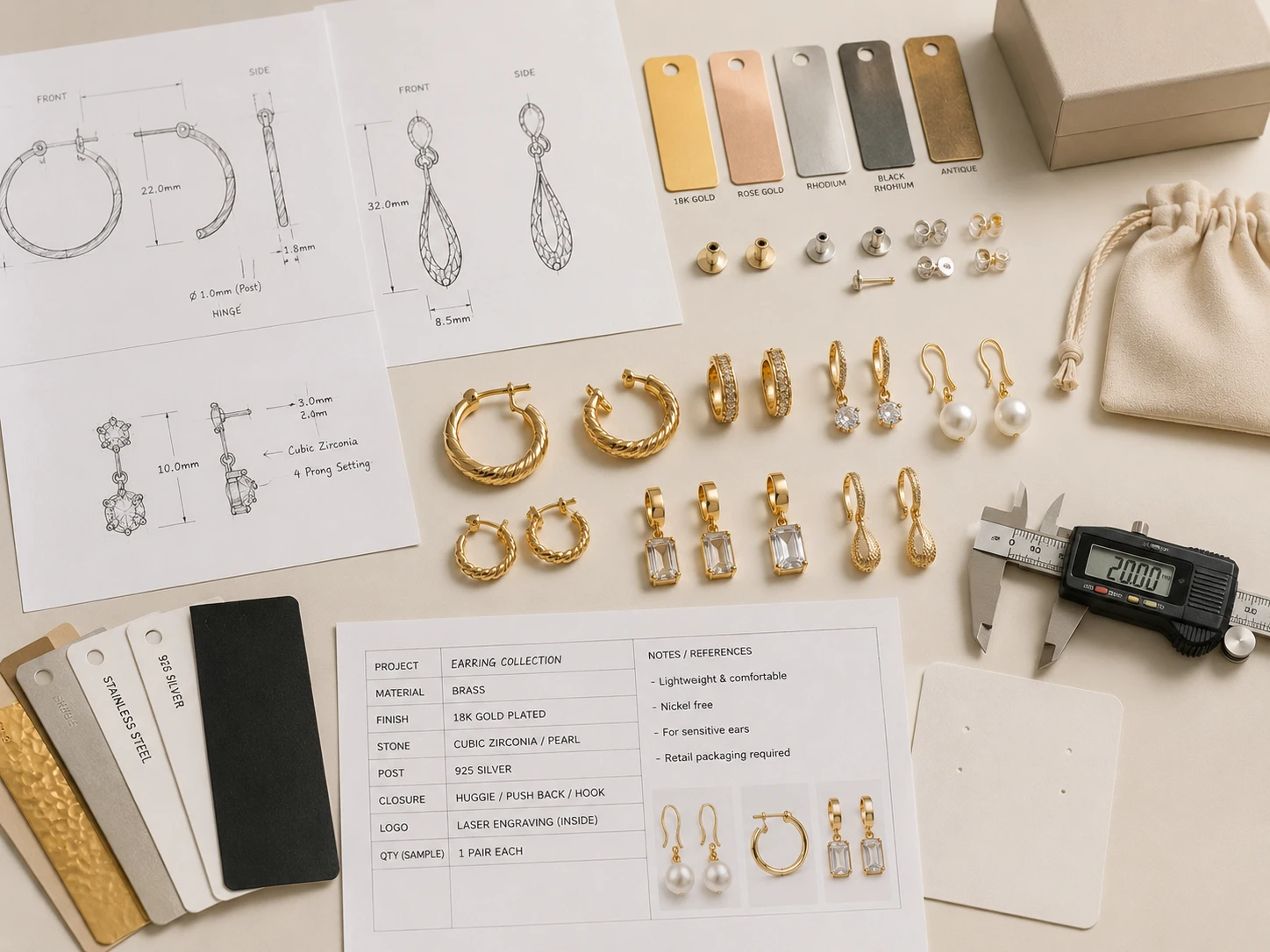 Custom earring development brief with sketches, dimensions, materials, closures, and plating references