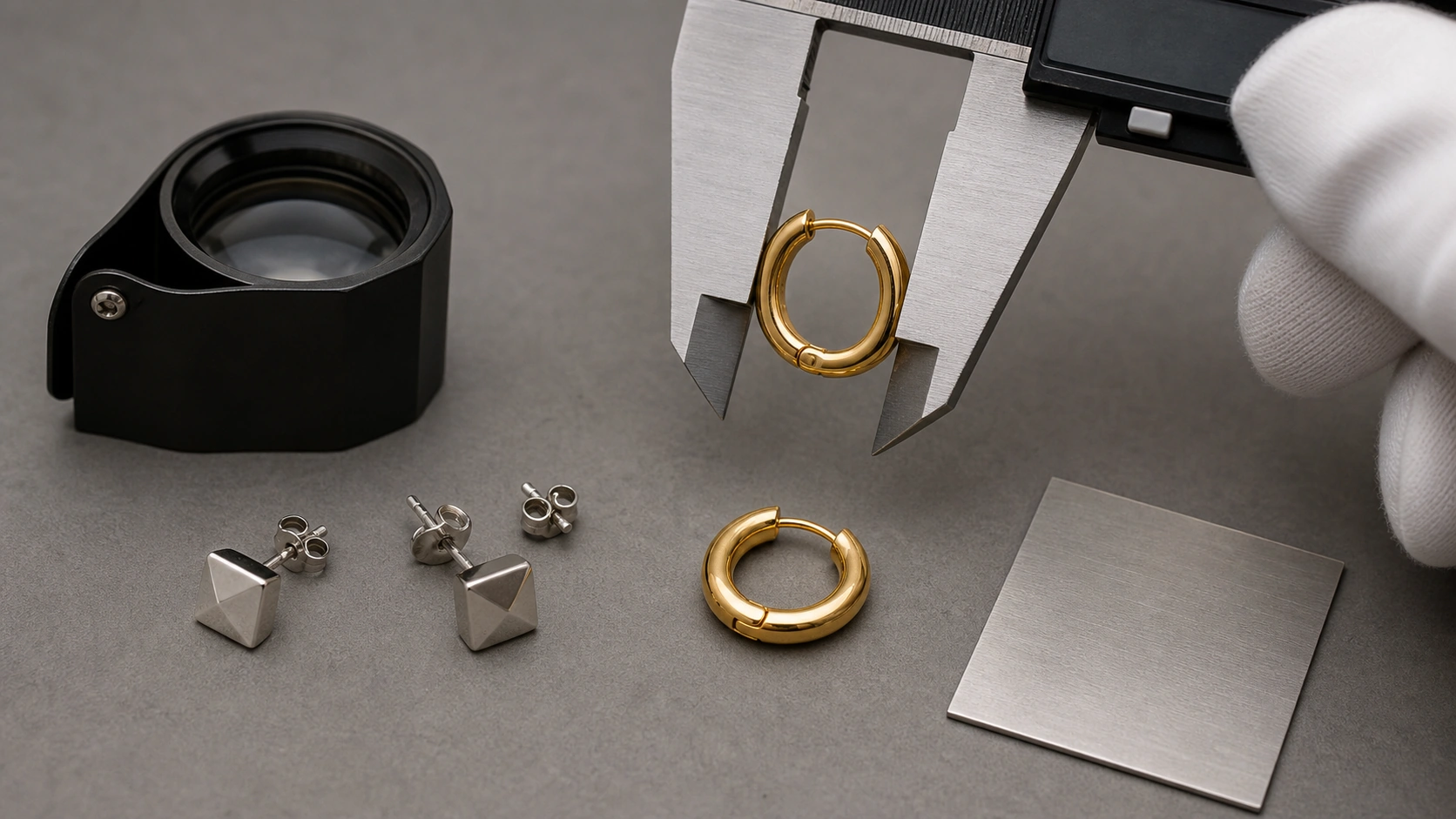 Finished custom earrings undergoing material, closure, and surface quality inspection