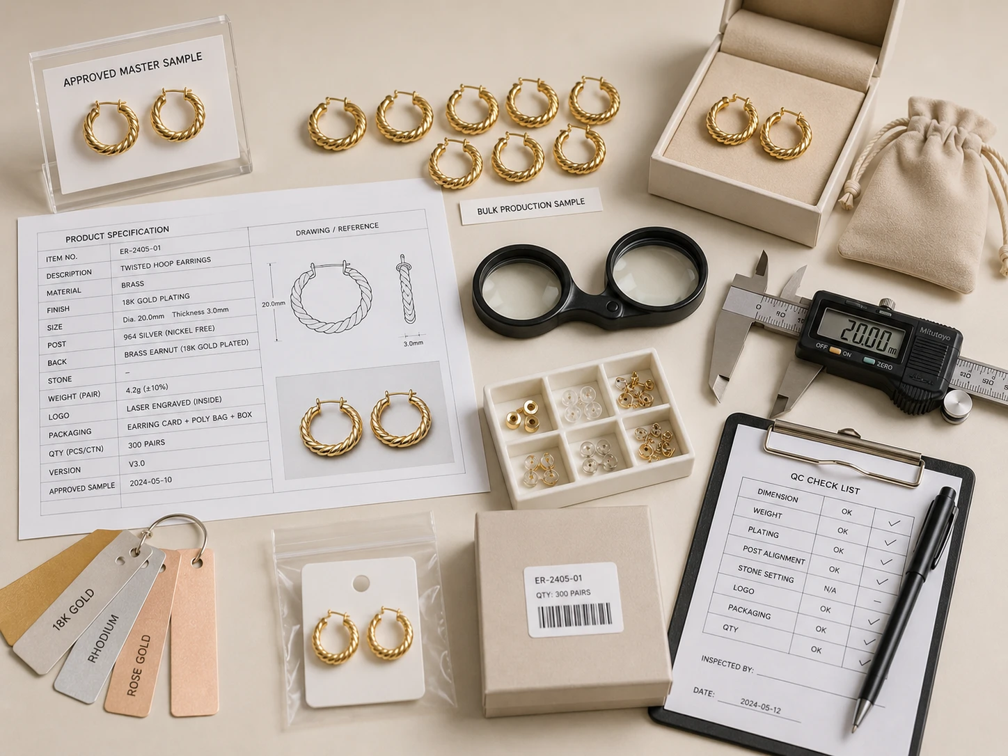 Custom earring production standard review with approved sample, specifications, packaging, and quality inspection tools