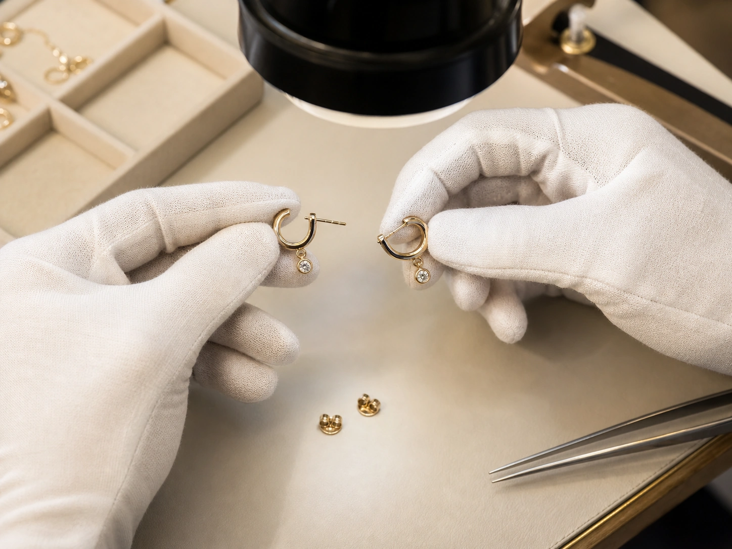 Technician checking custom earring sample dimensions, posts, backs, hinge, and surface finish