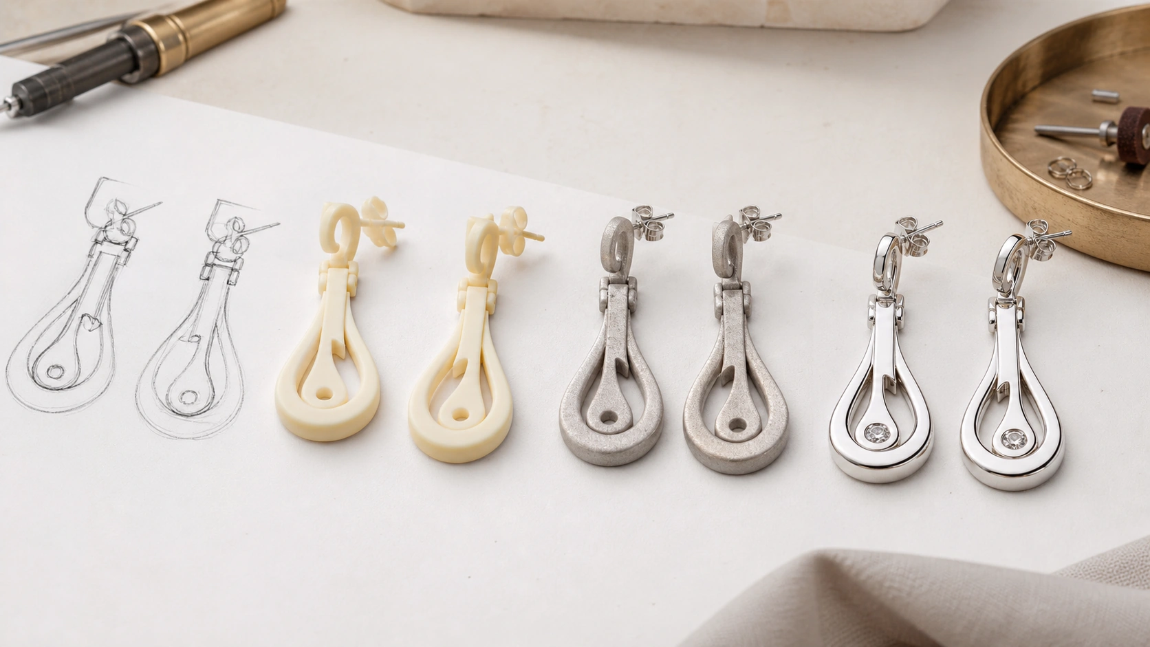 Custom earring sampling process from design sketch and prototype to approved polished sample