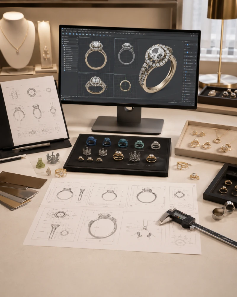 Custom jewelry CAD design and physical samples reviewed before production