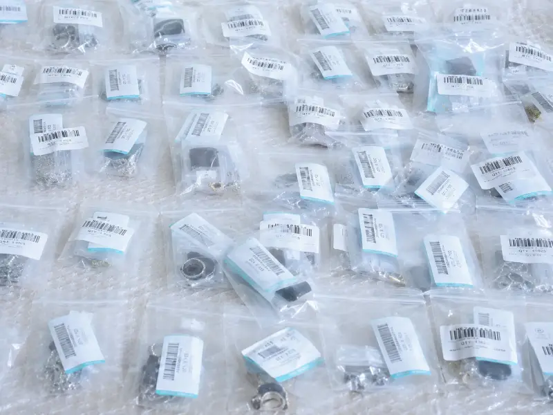 Finished jewelry packed and labeled for shipment