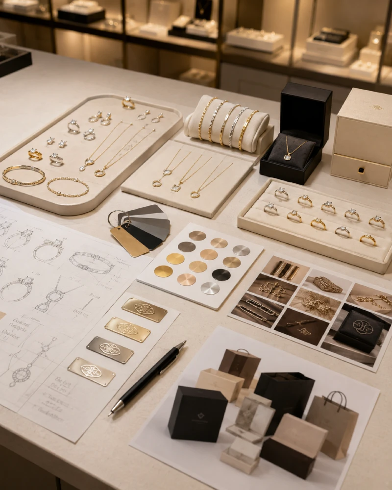 Custom jewelry samples and design references prepared for quotation review