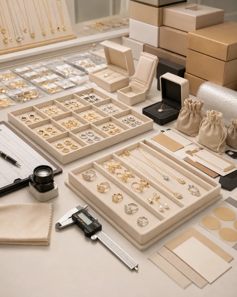 Finished custom jewelry inspected and prepared with branded packaging before shipment