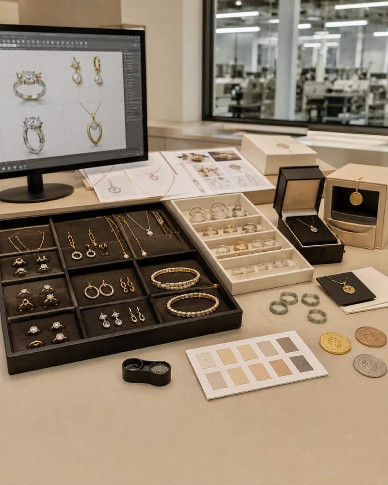 Custom jewelry design files, samples and finished pieces reviewed for manufacturing