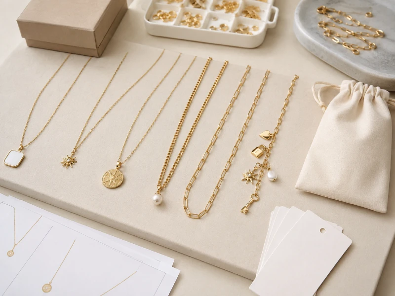 Custom necklace samples, chain styles, pendant designs, and private label packaging prepared for OEM jewelry manufacturing review