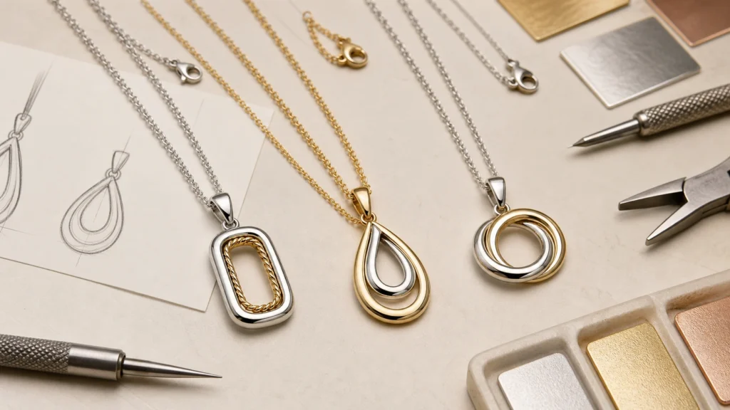 Custom pendant necklace collection being developed on a professional jewelry design workbench