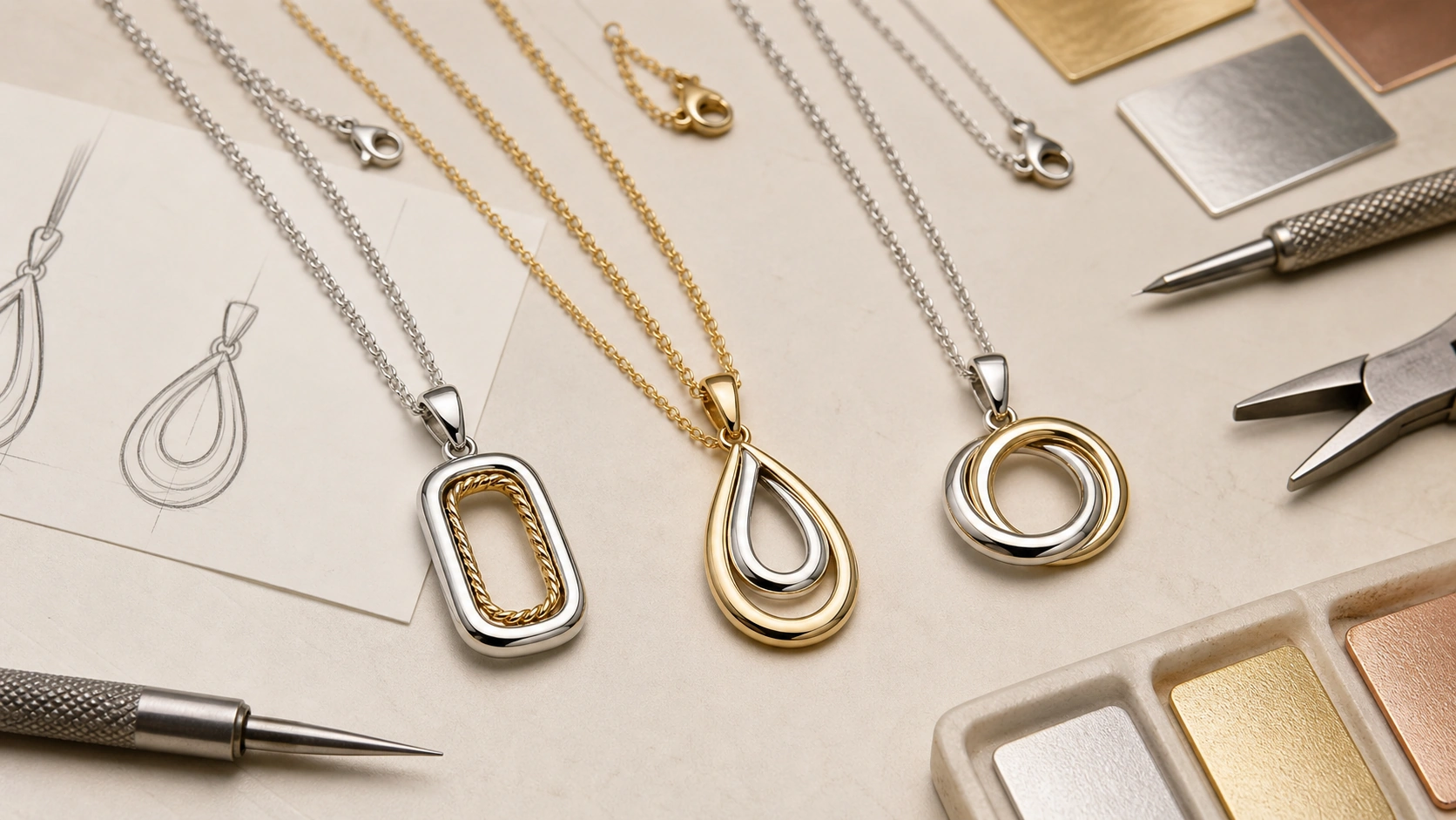Custom pendant necklace collection being developed on a professional jewelry design workbench