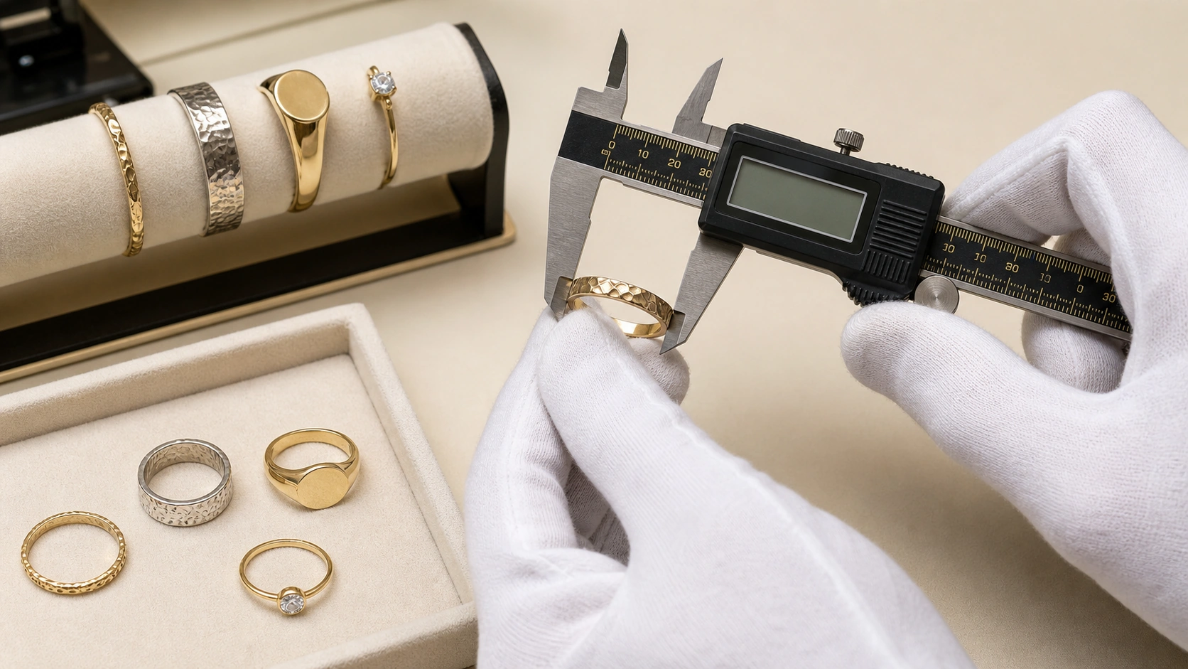 Custom ring prototypes being measured and reviewed as a coordinated collection