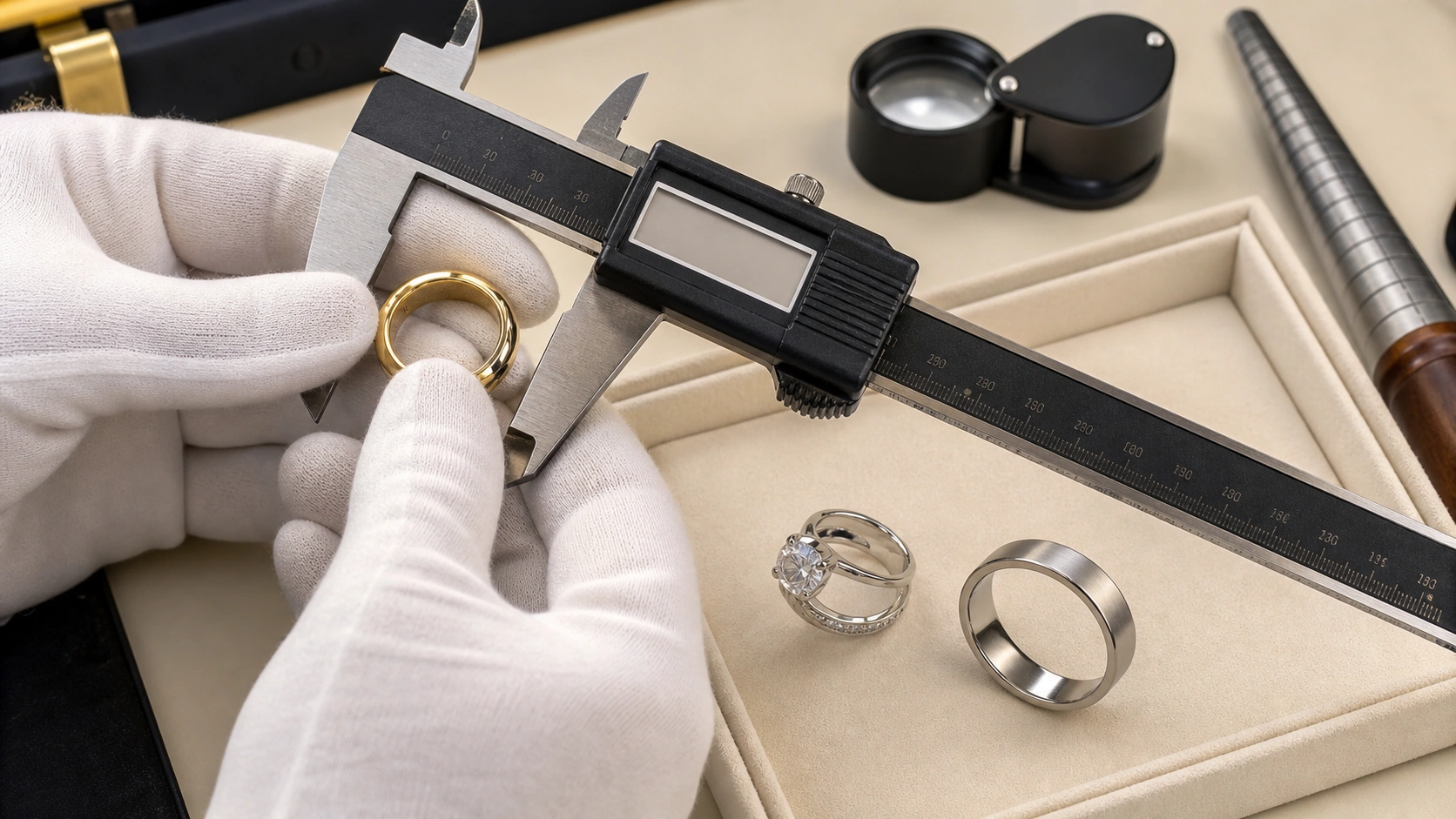 Technician measuring custom ring samples in different material directions