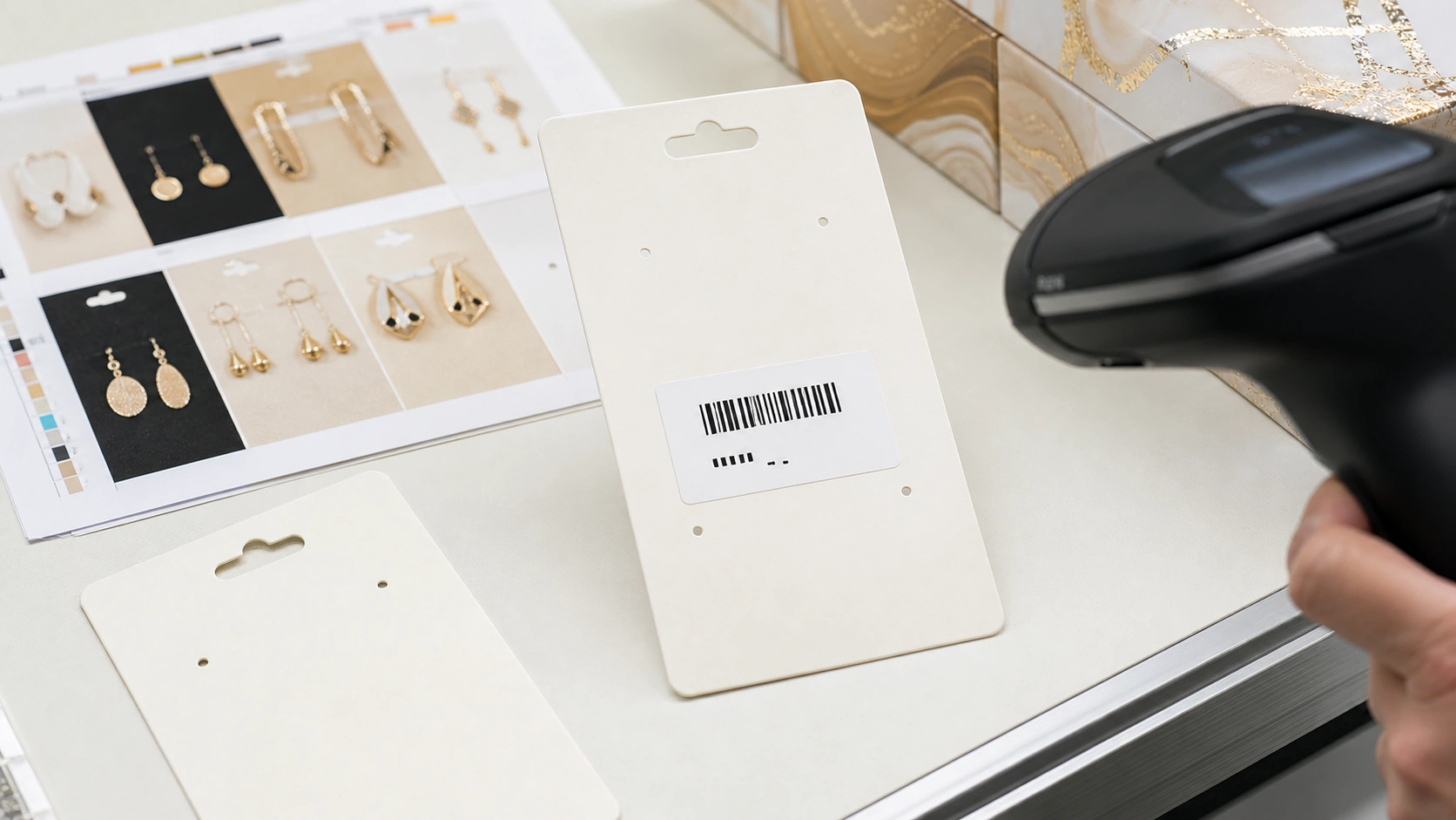 Barcode label placement and scan check on the back of an earring card