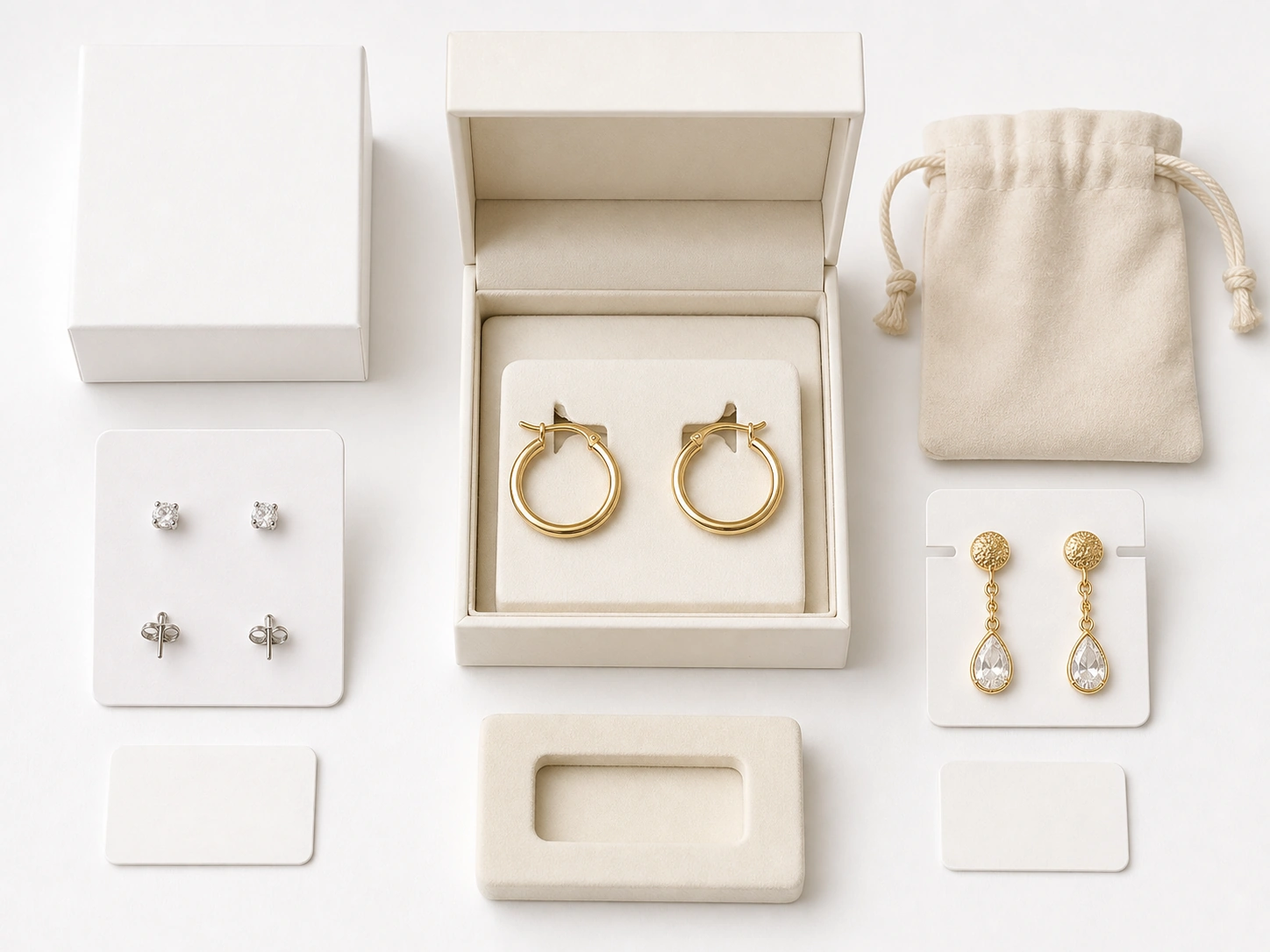 Earring cards, boxes, and pouches matched to studs, hoops, and drop earrings