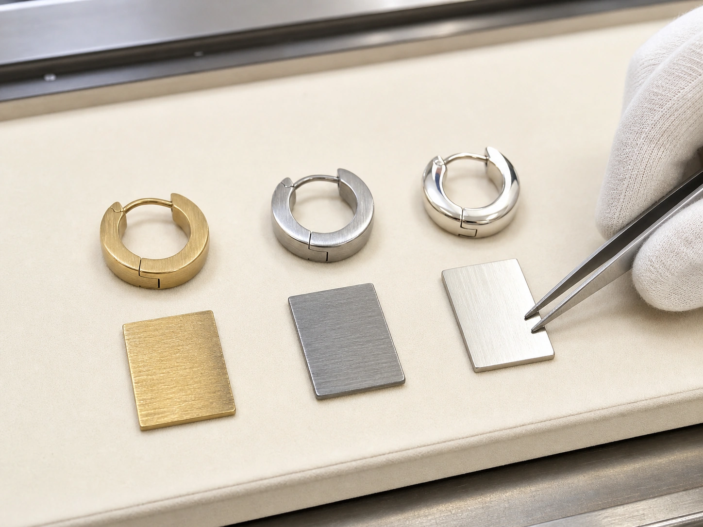 Custom earring materials and surface finishes reviewed during product development