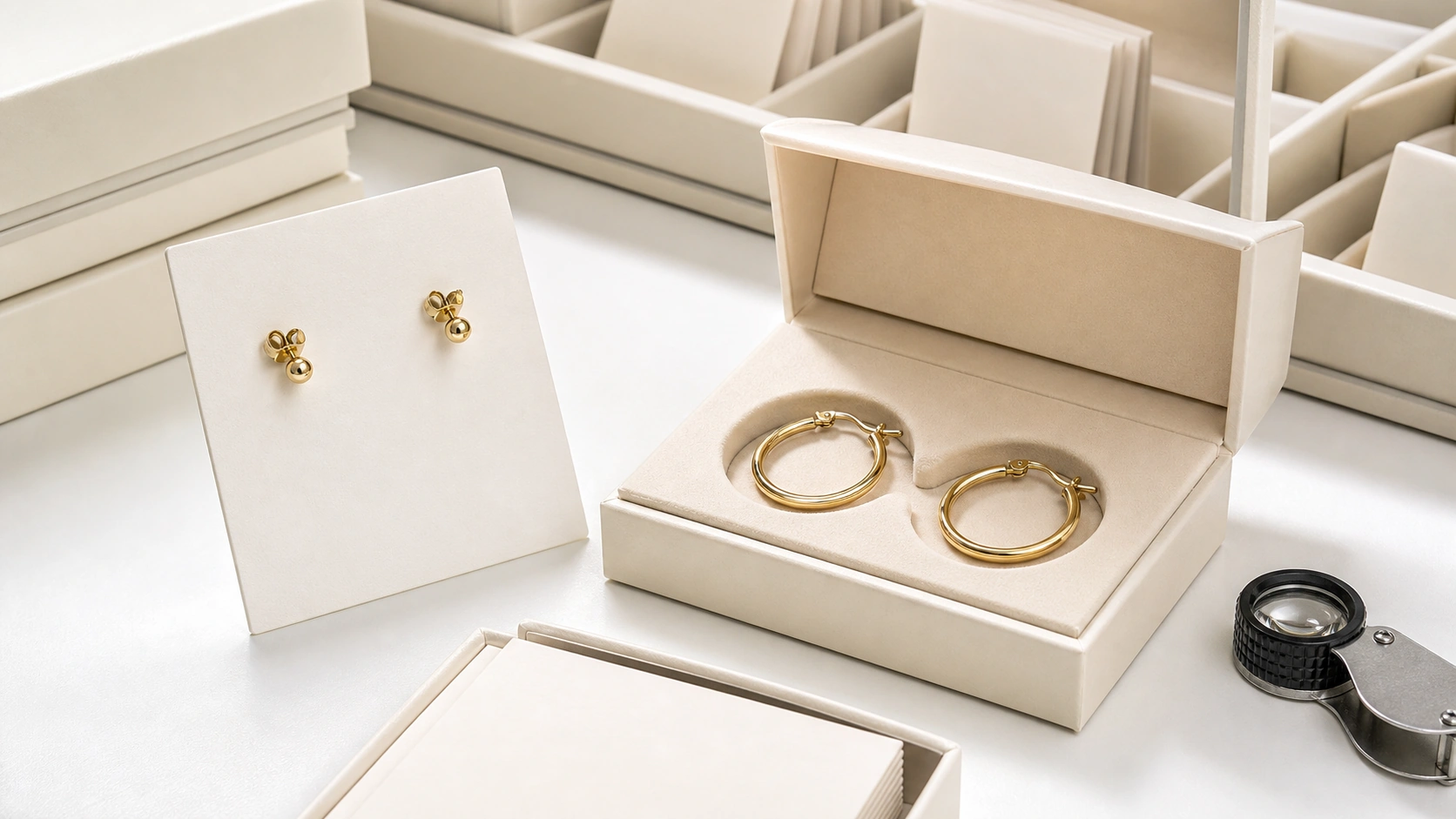 Stud and hoop earrings prepared for packaging and quality review