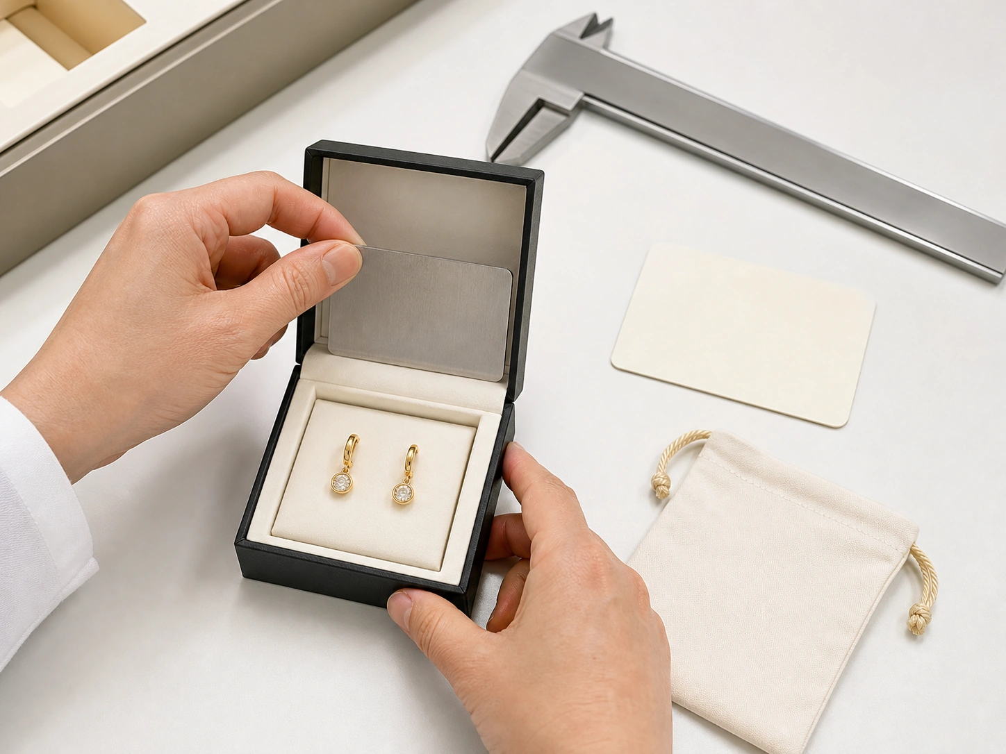 Hands checking earring packaging sample fit, insert clearance, and product retention