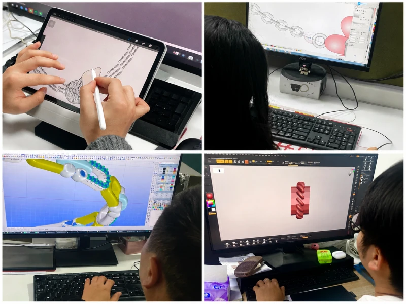 3D jewelry design service showing sketches, CAD-style jewelry models, samples, and design tools