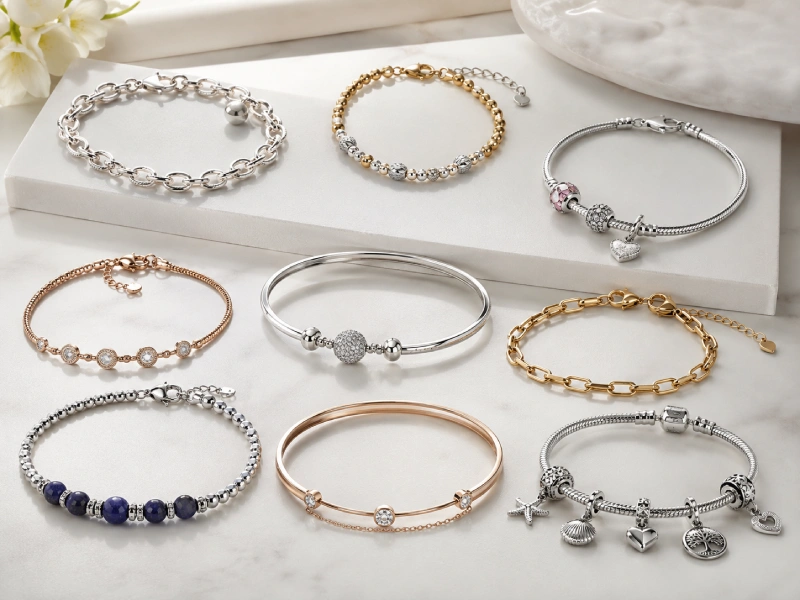 Custom 925 sterling silver bracelets with chains bangles charms and clasp details