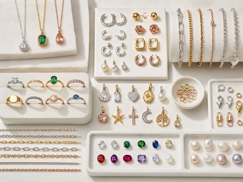 Custom 925 sterling silver jewelry development board with rings earrings pendants stones chains and logo details