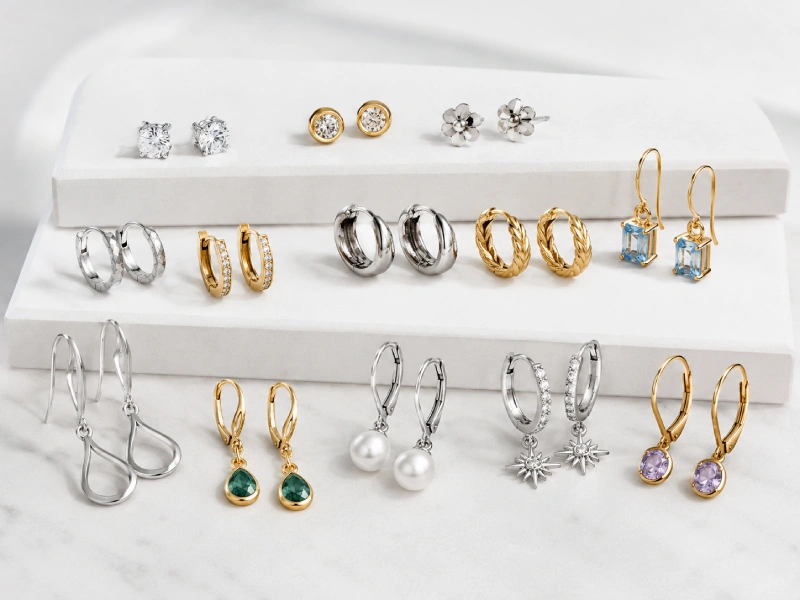 Custom 925 sterling silver earrings including studs hoops huggies and drop earrings