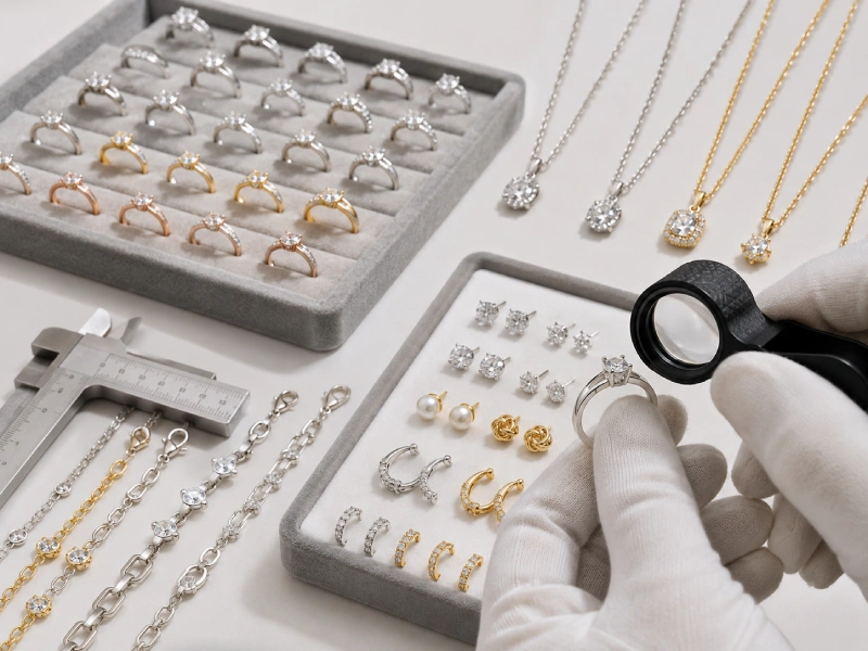 Quality control inspection for 925 sterling silver jewelry with rings earrings plating swatches stones and checklist