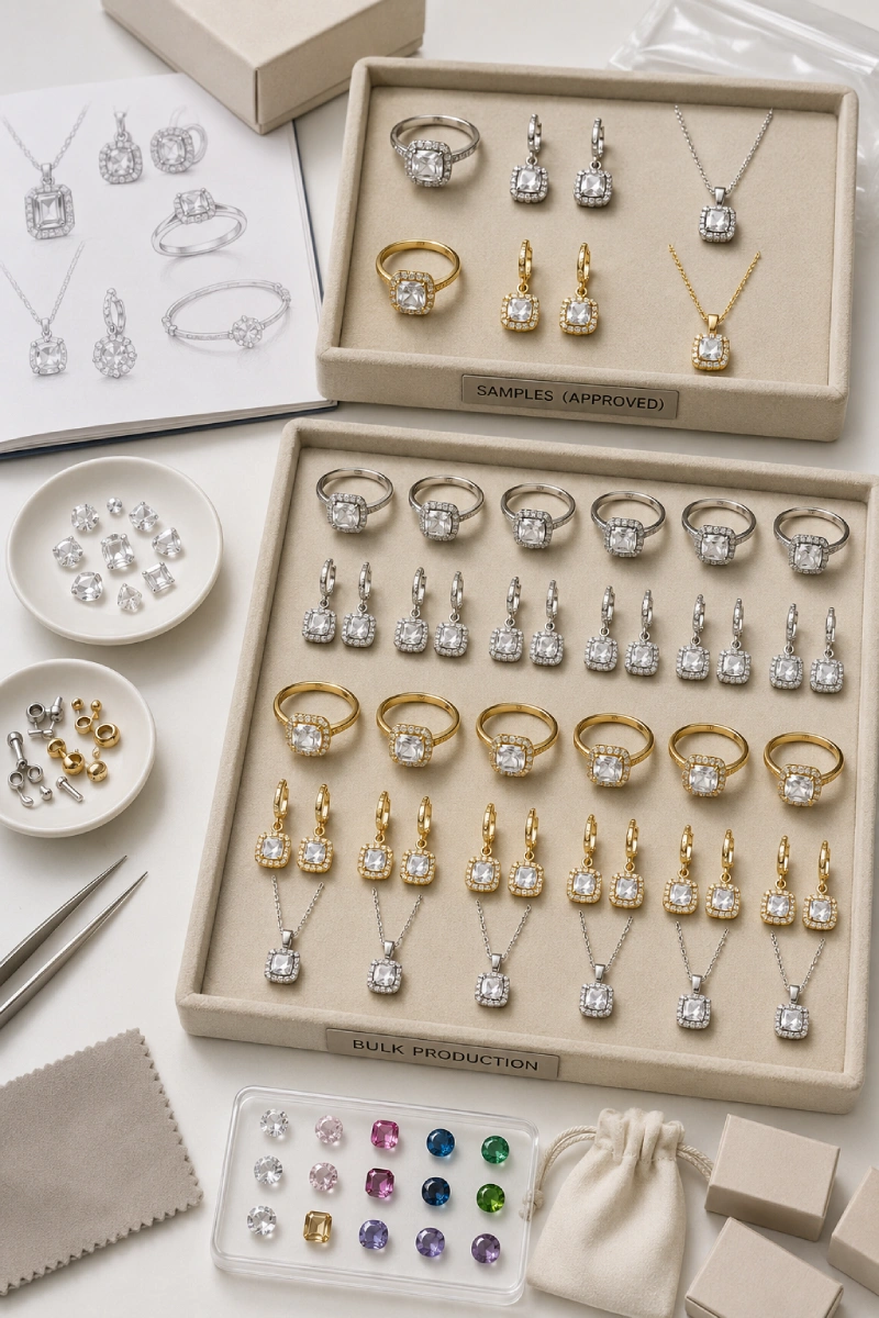925 sterling silver jewelry sampling and bulk production planning with approved samples plating swatches stones and private label packaging