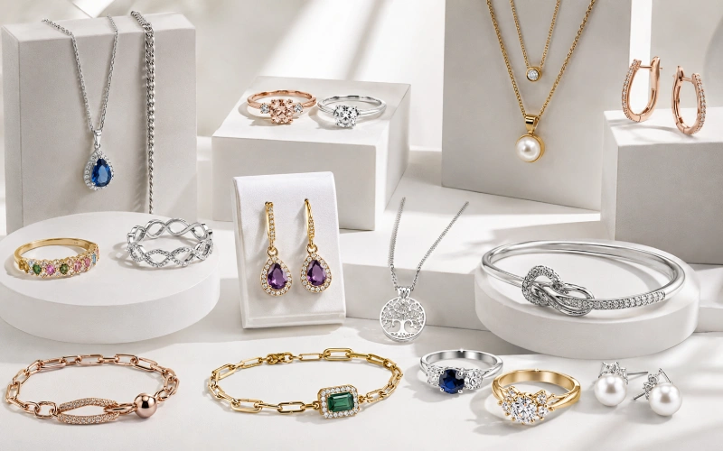 Custom 925 sterling silver jewelry samples with rings, earrings, necklaces, plating swatches, and branded packaging