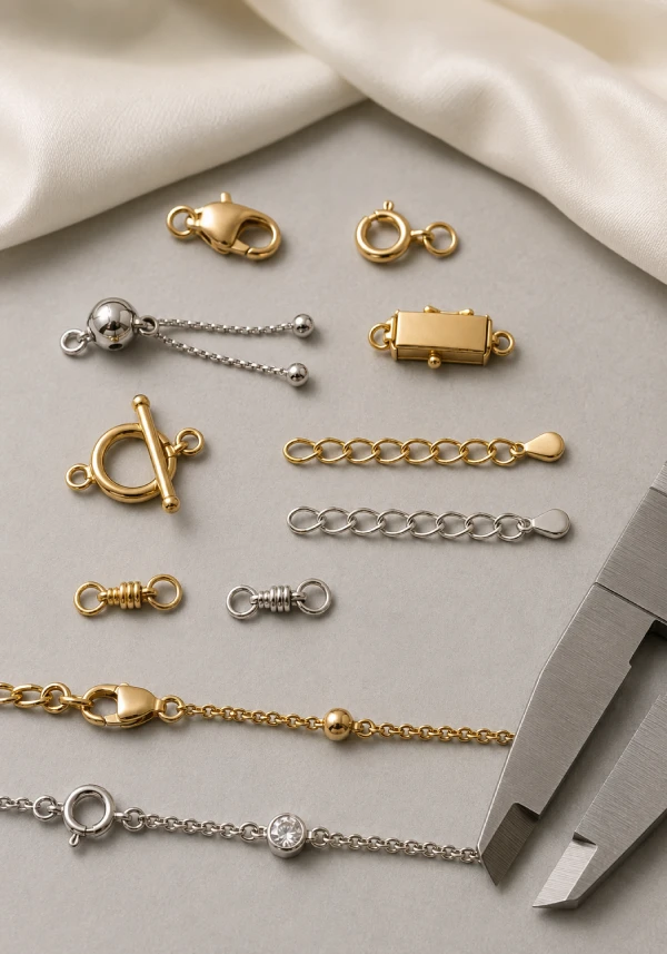Close-up of custom bracelet clasps, extension chains, links, and charm attachments
