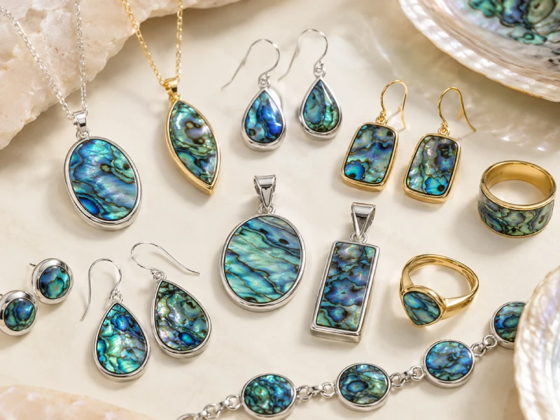 Custom abalone shell earrings necklaces pendants and iridescent jewelry inlay details