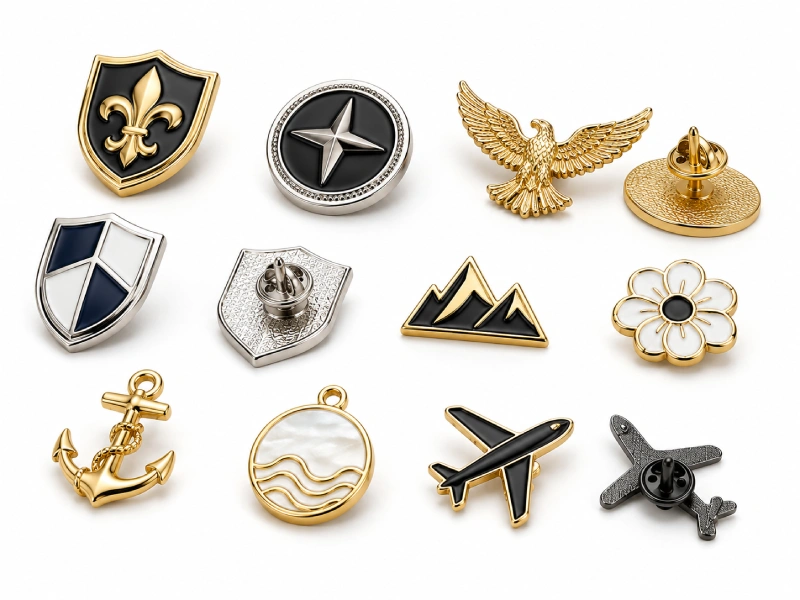 Custom metal badges with logo, enamel and plating details